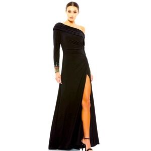 Mac Duggall, long sleeve jeweled off the shoulder evening gown